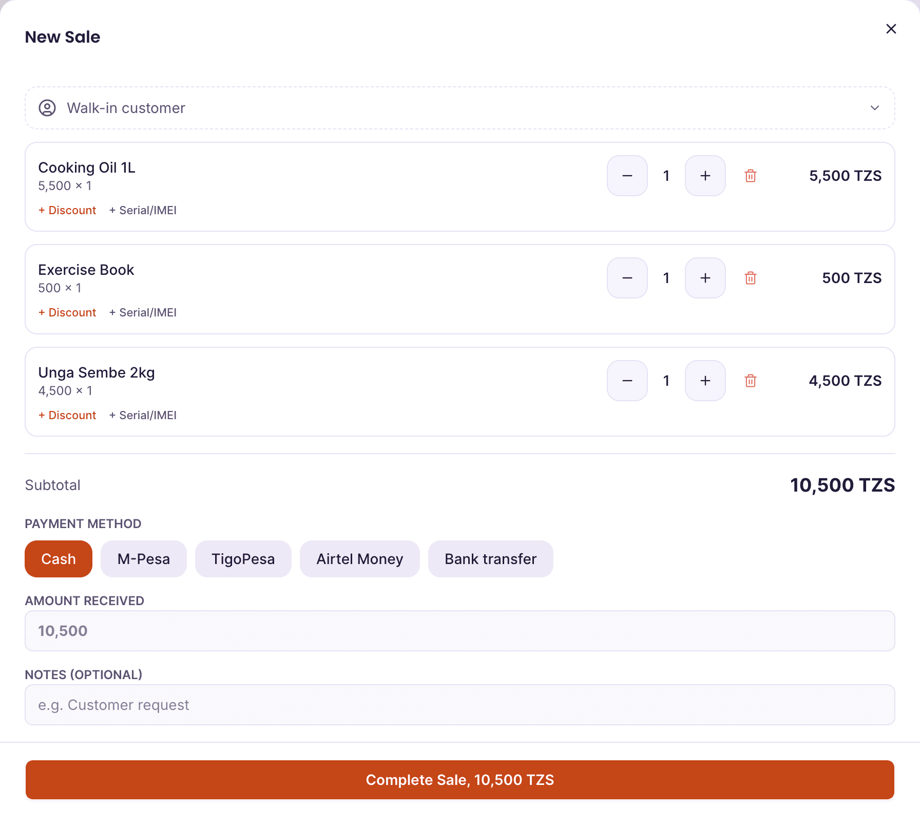 Recording a sale in Sifa: a cart holding cooking oil, an exercise book and unga, totalling 10,500 TZS, with Cash, M-Pesa, TigoPesa, Airtel Money and bank transfer offered as payment methods.