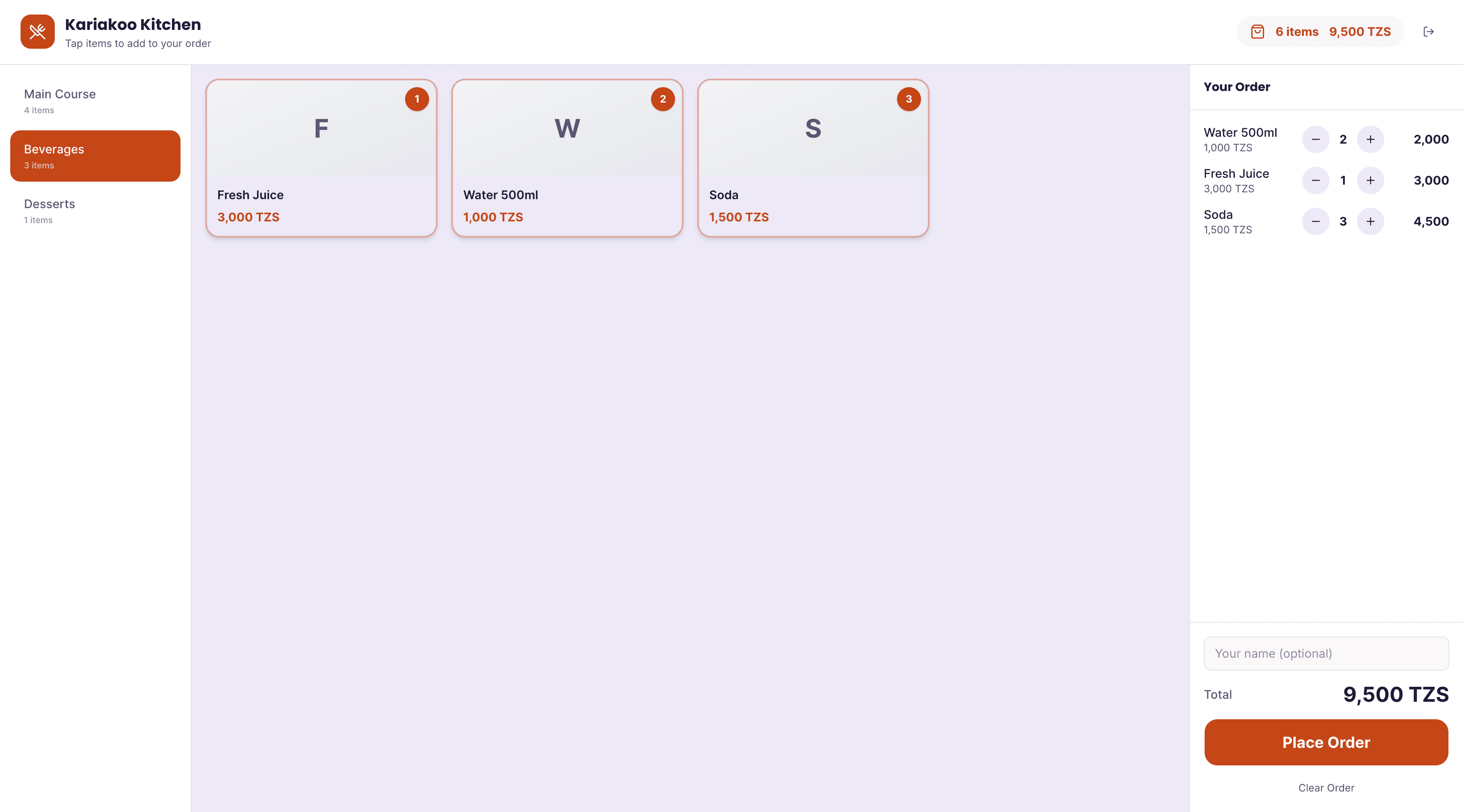 A self-order kiosk screen for Kariakoo Kitchen: menu categories down the side, dishes with prices, and a running order summary ready to place.